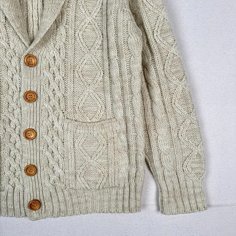 Vintage Thane Men’s Fisherman Cable Knit Cardigan Sweater Acrylic Cream‎ Medium